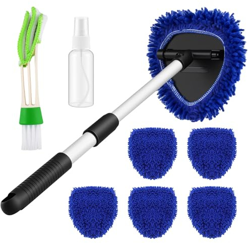Wozzies Set di 9 Pulitore Parabrezza auto Interno, Spazzola Pulizia Vetri Auto, Detergente per Parabrezza Retrattile, con 6 Cuscinetti Riutilizzabili 180° Maniglia Girevole