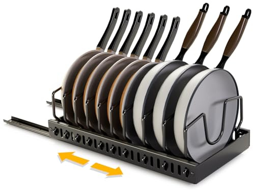 Topfdeckelhalter Ausziehbarer, Topfdeckel Deckelhalter Schublade mit 10 Verstellbaren Fächern, Ausziehbar Organizer für Schrank Ausziehbarer Pfannenhalter, Küche Pfannen Organizer Schublade, Schwarz