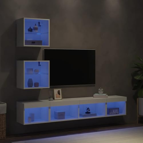 Teenpull Lot de 5 pièces murales en bois avec éclairage LED blanc, 40 à 100 cm de large, design moderne pour salon, meuble TV