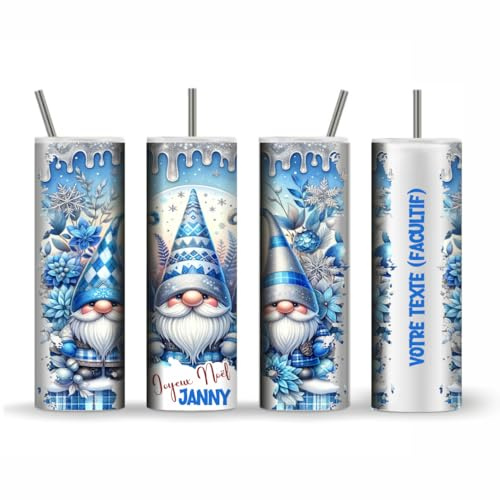 Vadess Gobelet Isothermique Personnalisé Lutins Bleu & Argent – Prénom & Message – Design Noël Premium – Tumbler Inox Double Paroi Haute Qualité