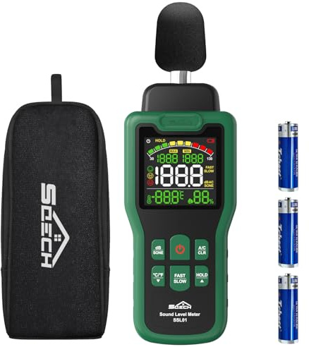 Sonomètre, Decibelmetre SQECH qui Peut Mesurer la Température et l’Humidité, Appareil Decibel à écran Rétroéclairé Couleur, Pondération A/C, Unités dB/SONE, Réponse Rapide/Lente, 30–130dB