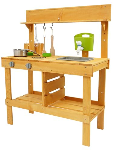 Grande cuisine boueuse en bois pour enfants – Cuisine de jeu d'extérieur avec véritable robinet, évier et accessoires pour jeu de jardin créatif – Jouet à roulettes robuste pour enfants de 3 à 8 ans