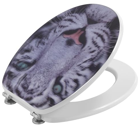 Kiamami Valentina - Sedile WC con Decoro Tigre in 3D | Tavolette per Water con Disegno Animalier | Cerniere in Ottone Cromato | Materiale in Legno