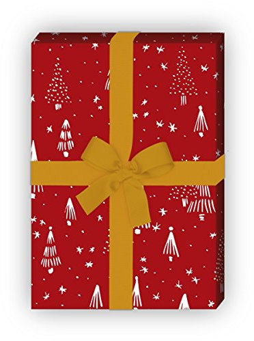 Kartenkaufrausch Retro Weihnachtspapier, Geschenkpapier Set zu Weihnachten mit grafischem Weihnachtsbaum Wald, rot, für tolle Geschenk Verpackung, Designpapier, scrapbooking, 4 Bogen, 32 x 48cm