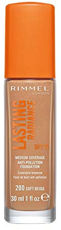 Rimmel Lasting Radiance Medium Coverage Anti Pollution Foundation, SPF 25, 200 Soft Beige (Wake Me Up Foundation Improved Formula), 30 ml (Pack of 1)