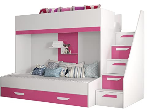 MEBLE KRYSPOL Party 16 Hochbett für Kinder, Jugendliche mit Stauraum - Etagenbett mit Schreibtisch, Kleiderschrank, Bücherregal und Trittleitern - 247x135x165 cm - Weiß, Rosa, Weiß + Rosa