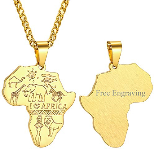 Mode Afrika Anhänger Halskette mit Tierkultur mit Wunsch/Namen/Text Gravur Edelstahl Tier Afrika-Karten Anhänger mit I LOVE AFRICA Stammes Ethnisch Kettenanhänger mit 56cm+5cm Afrika Kette in Gold