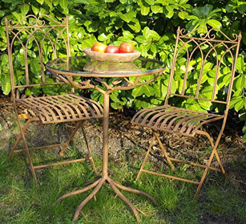 GeKi Trend Edles Bistroset Balkonset Metall Eisen Vintage Antik Bistrotisch mit 2 Stühlen und Glasplatte Outdoor Garten Bistro Set Balkon Set 3 teilig