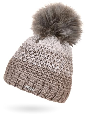 Neverless® Damen Strick-Mütze gefüttert Fleece Fell-Bommel Kunstfell Winter-Mütze Bommelmütze Grobstrick Mehrfarbig