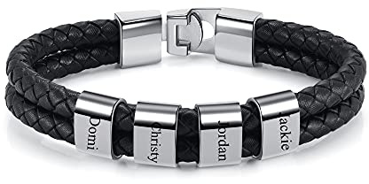 PiercingJak Herren Armband mit Gravur 2-4 Namen Männer Lederarmband geflochten Schwarz Echtleder Wickel Edelstahl Namensperlen ID Armreif Charm Schmuck Personalisierte Geschenke für Mann