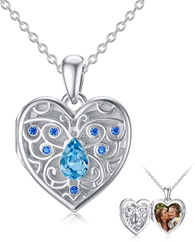 Flpruy Medaillon Halskette aus 925 Sterling Silber Medaillon mit Bild zum Öffnen, Herz und Rundes Medaillon Halskette, Amulett zum Öffnen, Fotoschmuck Geschenk für Frauen Männer Mädchen