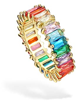 Michooyel Anello Eternity Arcobaleno Anello a fascia per Donna Ragazza Anello Eternity Placcato in Oro 18K Baguette Multicolor con Zirconi Cubici