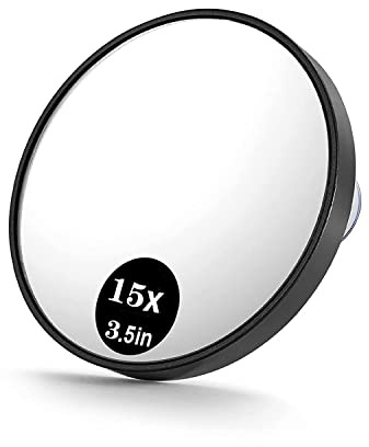 BTORER Miroir de maquillage grossissant x15, miroir rond amovible, 2 ventouses pour application de maquillage, pince à épiler, enlever les points noirs et les imperfections pour un montage facile,