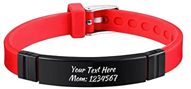 OTXIXTO Bracciale Personalizzato con Incisione Nomi in Silicone Sport Polso Identificazione ID Tag Bracciale/Personalizzato per Uomo Donna Acciaio Inossidabile Gomma Lunghezza Regolabile (SB: Rosso)