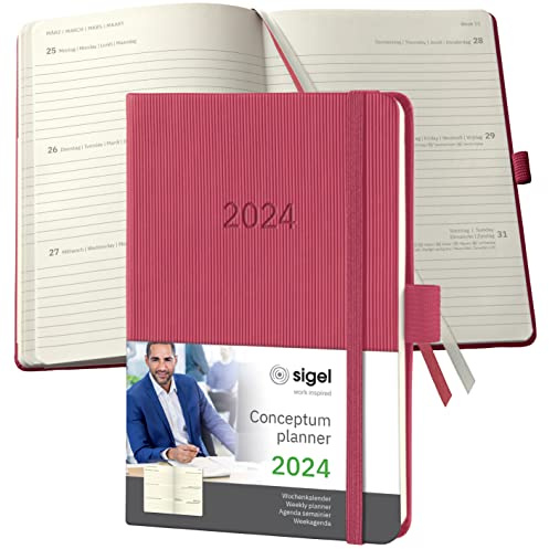 SIGEL C2471 Terminplaner Wochenkalender 2024, ca. A6, rot, Hardcover, 176 Seiten, Gummiband, Stiftschlaufe, Archivtasche, PEFC-zertifiziert, Conceptum