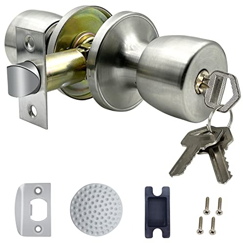 DSJJBLL Türknauf aus satiniertem Nickel mit Schloss und Schlüssel, rund, Kugelschloss, für Innen- und Außenbereich, Türknauf für Schlafzimmer oder Badezimmer (1 Stück)