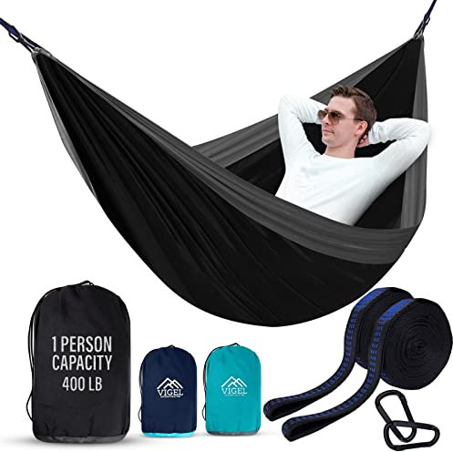Vigel Camping Hängematte - Langlebige Hängematte Nylon Hängematte - Doppel- oder Einzelhängematten - Tragbare Baumhängematten für Draußen - Einfach zu setzen, Camping Zubehör für Outdoor, Reisen,
