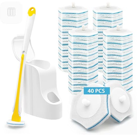 JEHONN Disposable Toilet Cleaning System with 40PCS Brush Refills, Wall Mounted Toilet Wand Kit for Bathroom Sink Bathtub Wash Basin (Yellow)