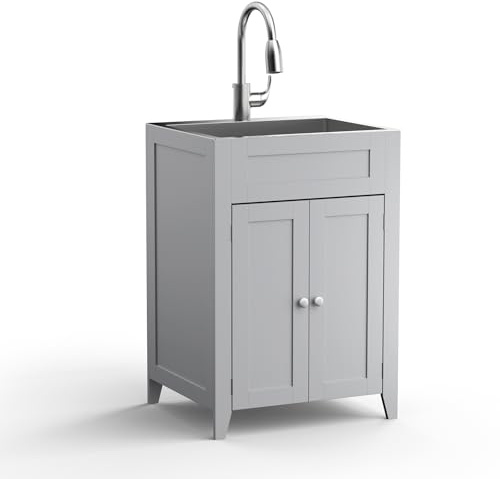 VINGLI 24-Inch Laundry Sink with Cabinet and Pull-Out Sprayer Faucet, Stainless Steel Utility Sink with Cabinet, Grey Cabinet with Sink for Laundry & Utility Room, Kitchen, Bathroom, Basement