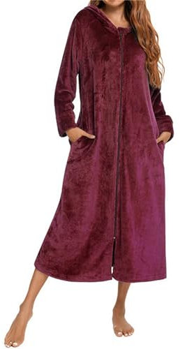 AMDOLE Sexy warmer Bademantel mit Kapuze vorne, volle Länge, Flanell-Fleece-Bademantel, Winter, warm, Hausmantel, Nachtwäsche, Pyjama, warme Bademäntel für Damen, sexy, rot, L