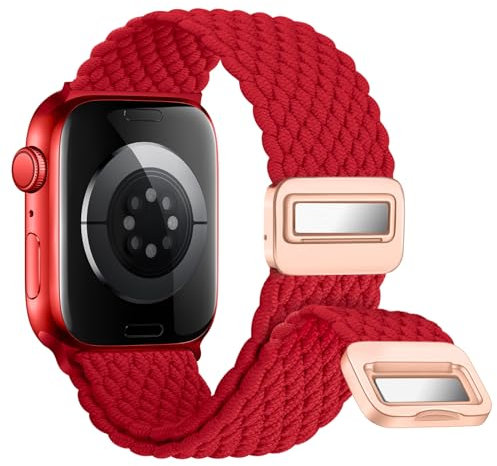 Nepfaivy Geflochtenes Armband Kompatibel mit Apple Watch Armband 46mm 44mm 45mm 49mm 42mm, Nylon Elastisches Band mit Magnetischer Schnalle für iWatch Series 11/10/9/8/SE/7/6/5/4/3/2/1/Ultra, Rot