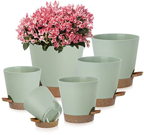 Aenmido 6 Packs Kunststoff Blumentopf Mit Bewässerungssystem,Kunststoff Blumentopf mit Untersetzer,20/17.7/16.5/15.5/13/12.7cm für Innen und Balkon Garten Pflanzen Sukkulenten Kaktus