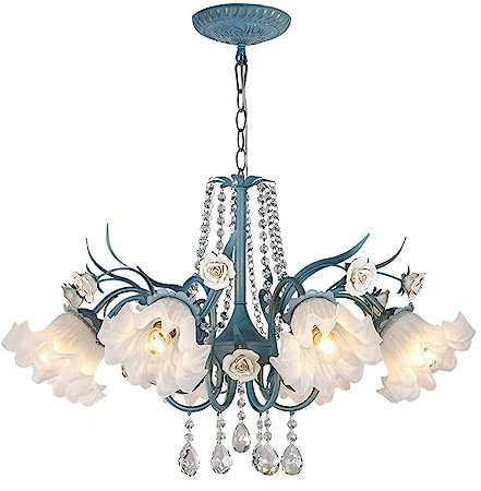 Modernes Wohnzimmer Kristall Kronleuchter Keramische Rose K9 Kristall Kronleuchter Vintage Glas Blume Pendelleuchte Antike Bauernhaus einstellbare Höhe Deckenleuchte for Esszimmer Wohnzimmer Schlafzim
