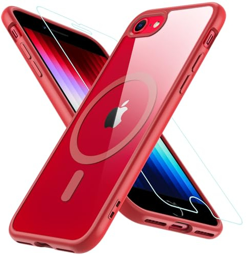 Hensinple Hülle Kompatibel für iPhone SE 2020, iPhone SE 2022 Hülle iPhone 8/7 Hülle, Magnetisch Handyhülle iPhone SE 2/3 mit HD Schutzfolie Glas für MagSafe Schutzhülle iPhone SE 2022 Case (Rot)