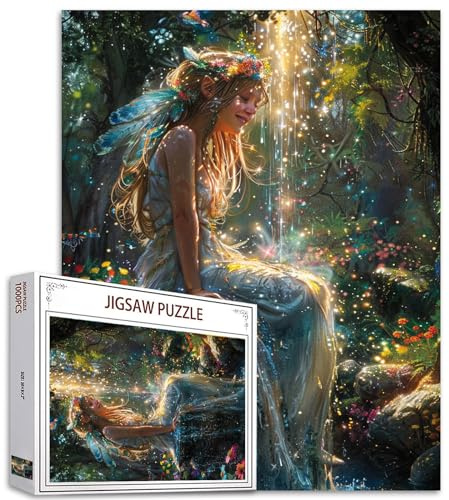 Tucocoo 1000 Teile Puzzles für Erwachsene Engel im Wald Garten Malerei Jigsaw Puzzle Magische glitzernde Fee 1000 Teile Puzzles Spiel Lächeln Mädchen Landschaft Kunst Wanddekoration DIY Handwerk