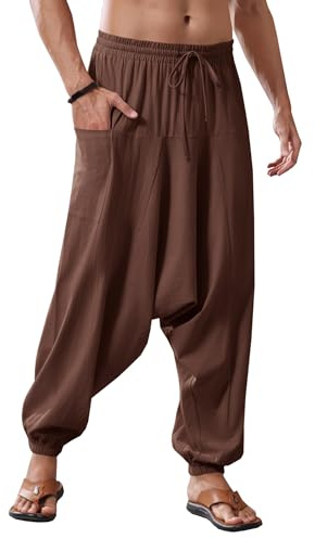 Runcati herr bomull harembyxor säckig hippie casual linne yogabyxor strand djup steg byxor, Tenn, L