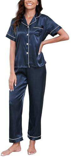 GAESHOW Sidenpyjamas för kvinnor, pyjamas i satin, tvådelad kortärmad pyjamas och långa byxor lättviktig andningsbar mjuk satin nattskjorta S-XXL, Mörkblå, S