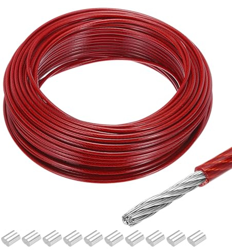 QUARKZMAN 100 Pies (30 Metros) de Cable de Acero Inoxidable 304 de 1/8 (3 mm) Recubierto de Vinilo con 10 Piezas de Manguitos de Aluminio para Colgar, Tendederos, Elevación Rojo