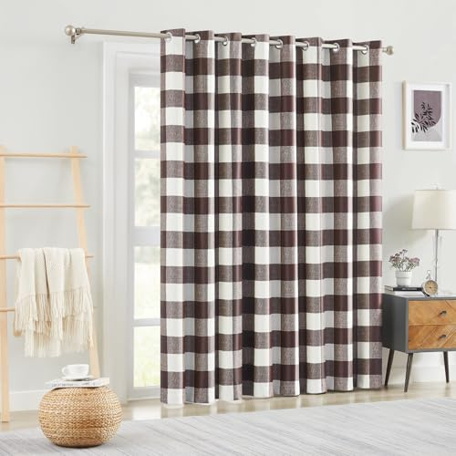 Melodieux Buffalo Check Plaid Patio Door Curtain 84 Inches Long, Thermal Insulated Extra Wide Blackout Curtains for Sliding Glass Doors Living Room Divider Drape, Brown, 100 x 84 Inch, 1 Panel
