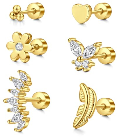 LAURITAMI Brosk platt baksida örhängen 20 g rostfritt stål 6 mm öronpiercing örhängen stud helix tragus piercing smycken, Rostfritt stål