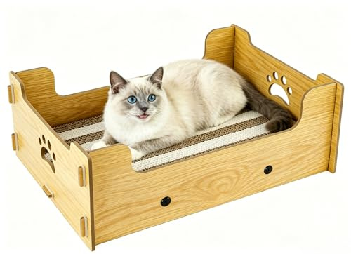 Heikoeco® Kratzpappe für Katzen Groß XXL Bett, Kratzlounge Katze Pappe Box，Katzen Kratzbrett Kratzmatte Katze aus Hochwertiger Wellpapier & Holz 38,5x30x15,5cm Geschenk für Katzenliebhaber