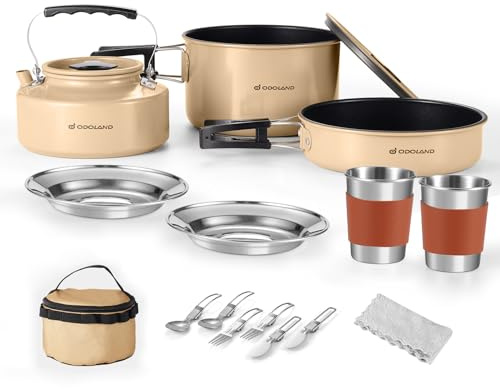 Odoland Camping Cookware Set Non-Stick Pot and Pan Set with Kettle, Stainless Steel Utensils Mess Kit, Cups Plates Knives Spoons Forks for Outdoor Cooking