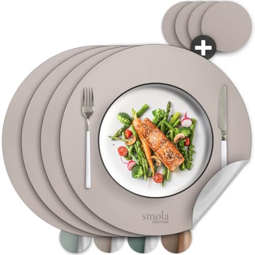 smøla 8-teiliges Tischset Rund aus PU-Leder - inkl. Untersetzer I Platzset Abwaschbar I Platzdeckchen Set in Lederoptik, Tischunterlage für Teller & Gläser I Tischdeko, Lila/Silber