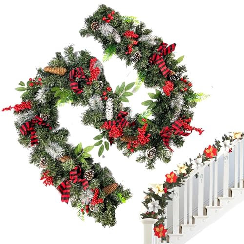 Weihnachtsgirlande für den Außenbereich, Rattan-Kamin, Dekoration mit Tannenzapfen und roten Beeren, Weihnachtsdekoration, Esstisch, Fenster, Türen und festliche Kamine, Weihnachtsdekoration, 2,7 m