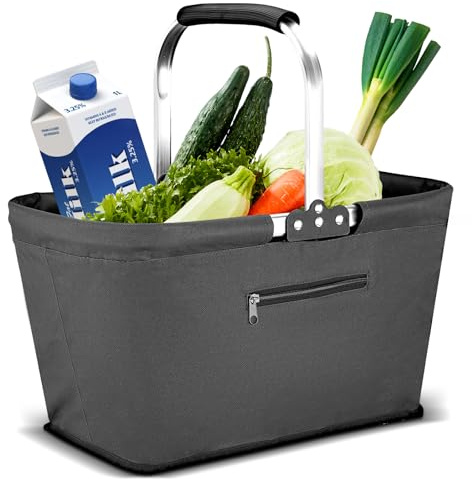 Yeabett 30L Faltbar Einkaufskorb, Picknickkorb Tragekorb Groß Familie Einkaufstasche Praktischer Einkaufen Korb mit Gepolsterten Griffen für Reisen, Picknick, Einkaufen, Geschenke(Grau)