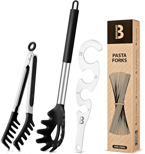 Silicone Spaghetti Spoon & Pasta Tong With Pasta Measurer, 3 Pack of Non-Stick Stainless Steel Handle Pasta Fork Set with Teeth, Food Clip for Easy Serving of Noodles (BLACK)