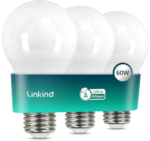 Linkind Ampoule LED E27 Classe Énergétique A 806lm, 3,8W=60W, Blanc Neutre 4000K, 50000H Durée de Vie, Non Dimmable, Ampule A60 Edison, Angle 220°, Mat, Lot de 3