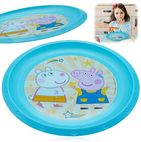 Peppa Pig Essteller aus Kunststoff, 21,5 cm, BPA-freier runder Teller für draußen, Kinderteller mit erhöhten Seiten, wiederverwendbarer bedruckter Teller für Kinder ab 4 Jahren