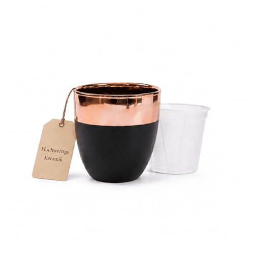 Jinfa 2 Cache-Pots en céramique Noir et Or Rose + 2 Pots de pépinière Transparents en Plastique avec Trous de Drainage