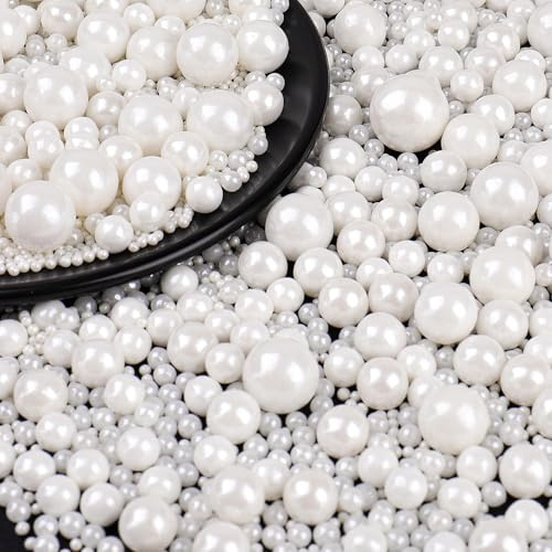 Essbare Weiße Zuckerperlen-Streusel (130g) - Größenmix Weiße Perlen | Für Tortendeko, Cupcakes & Kekse - Ideal für Hochzeiten Party Halloween Weihnachten
