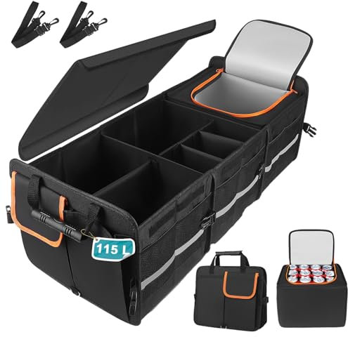 Strixorn XXXL Auto Kofferraum Organizer mit Deckel, 115L Faltbare Auto Aufbewahrungsbox und 24L Kühltasche mit 6 Fächern, Wasserdicht Rutschfest mit Griffe für Camping und Alltag, 89 x 36 x 31 cm