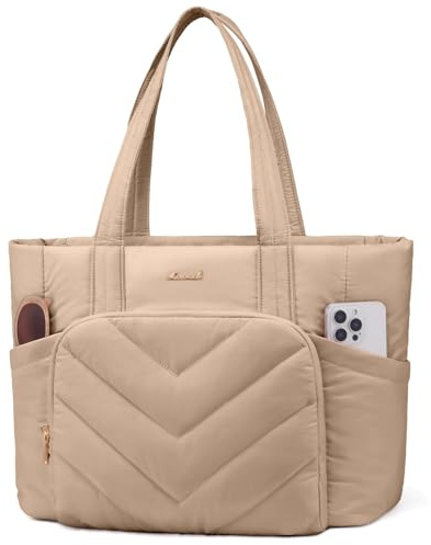 LOVEVOOK Bolso para Ordenador Portátil Mujer 15,6 Pulgadas, Bolso Tote Grande Acolchado, Bolso de Mano de Trabajo, Bolso de Hombro para Profesora para Universidad y Negocios, Caqui