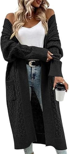 Saodimallsu Cardigan da donna lungo lavorato a maglia grossa, cardigan largo, leggero, elegante, casual, tinta unita, aperto sul davanti, pullover con tasche, Nero, XL