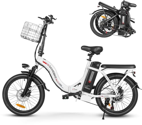 SAMEBIKE 20 Folding Electric Bike – 250W E-Bike with 36V 13Ah Removable Battery, Fat Tires, 7-Speed Gear, Front Basket, for Men & Women, Suitable for City and Off-Road Riding (Weiß)