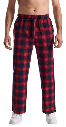Generisch Men's Long Pyjama Bottoms, Checked Pyjama Bottoms with Drawstring Pockets, Casual Trousers, Loose Fit, Lounge Trousers, Wide Leg Fleece Sleep Pants, Soft Relaxed Fit Pyjama Bottoms