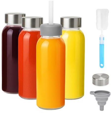 Zukro Glass Water Bottles with Lids & Straw 10.5 oz, 4 Pack Reusable Clear Small Juice Bottles With Stainless Steel Airtight Cap for Juicing, Leak Proof Drinking Jar for Ginger and Milk, BPA Free